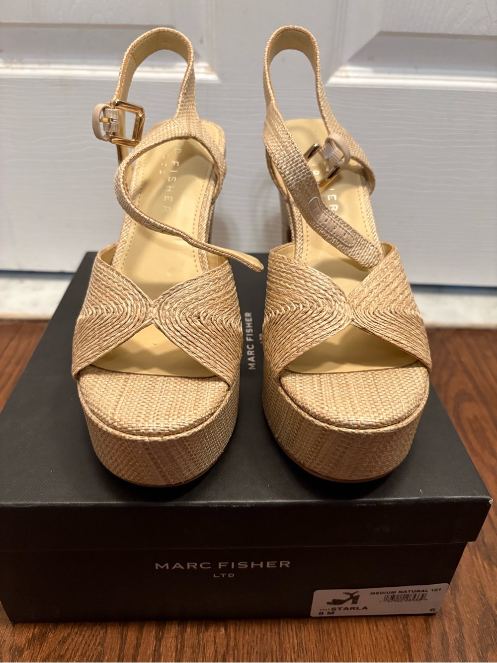 Marc Fisher Starla Natural Woven Platform Sandals with Ankle Buckle